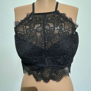 PINK Victoria's Secret Women's Black Floral Lace Halter Push-up Bralette Large